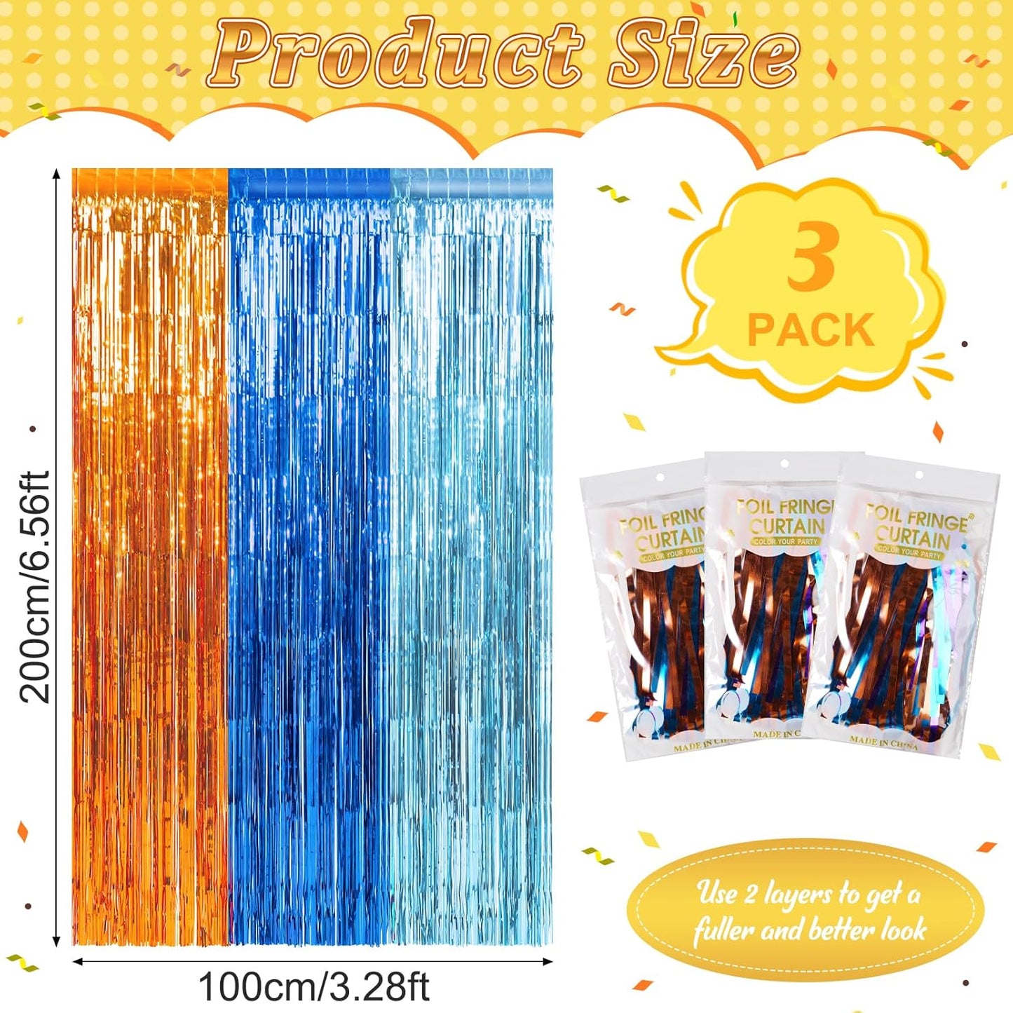 3 Pack 3.3X6.6Ft Blue Dog Foil Fringe Curtains Backdrop Decorations, Orange and Light Blue Birthday Party Tinsel Metallic Streamers Photo Booth Background for Dog Theme Party Supplies