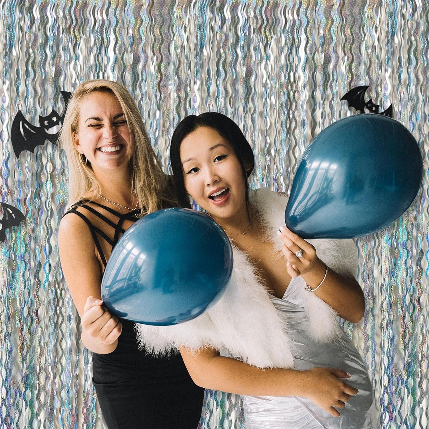 2 Pack Silver Backdrop Curtain Tinsel Streamers Sparkle Metallic Wavy Foil Fringe Photo Booth Props for Birthday Graduation Bachelorette New Year Christmas Wedding Disco Party Decorations