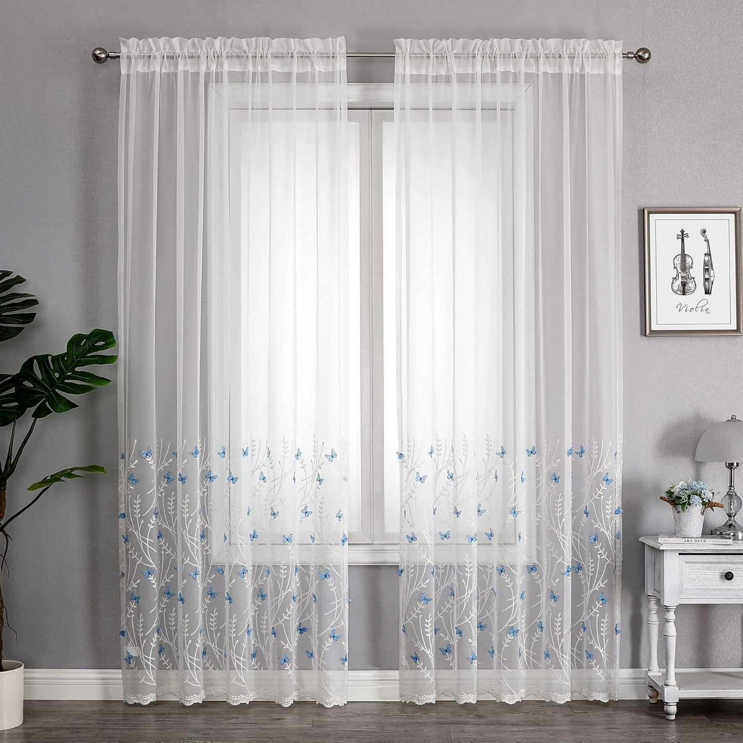 VISIONTEX White Sheer Voile Curtains, Decorative White Embossed Butterflies Rod Pocket Window Drapes for Home Kitchen, Living Room and Bedroom 54 x 95 Inch, Set of 2 Curtain Panels