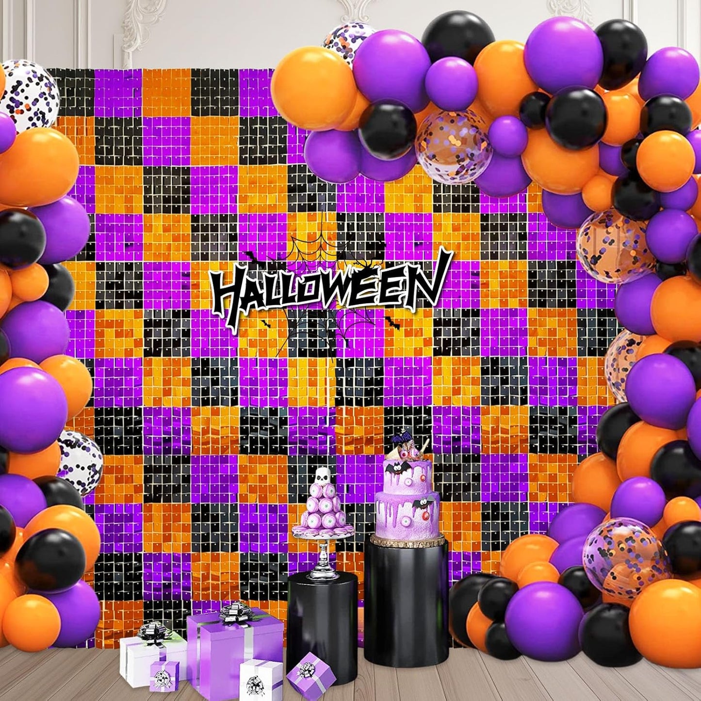 24PCS Black Orange Purple Shimmer Wall Backdrop, Halloween Square Sequin Photo Backdrops Panel, Glitter Wall Background for Birthdays, Weddings, Halloween Party Decor (4FTx6FT)