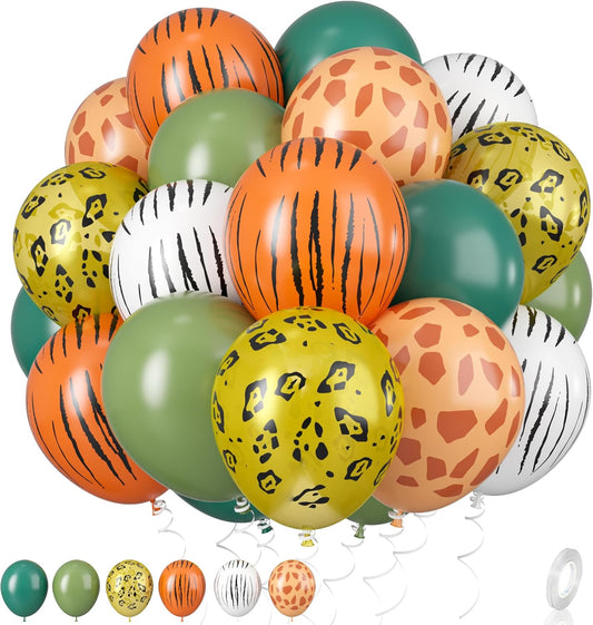 Sage Green & Olive Green Animal Print Safari Balloons - 12 Inch (4 Kinds) for Jungle Safari Theme Party Supplies