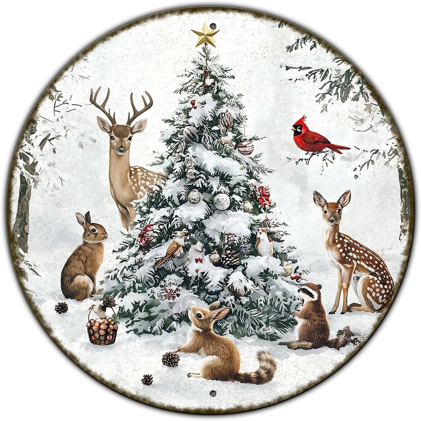 Round Christmas Snow Animals Metal Tin Sign - Vintage Christmas Tree & Winter Sign for Home & Outdoor Decorations - 8 * 8 in