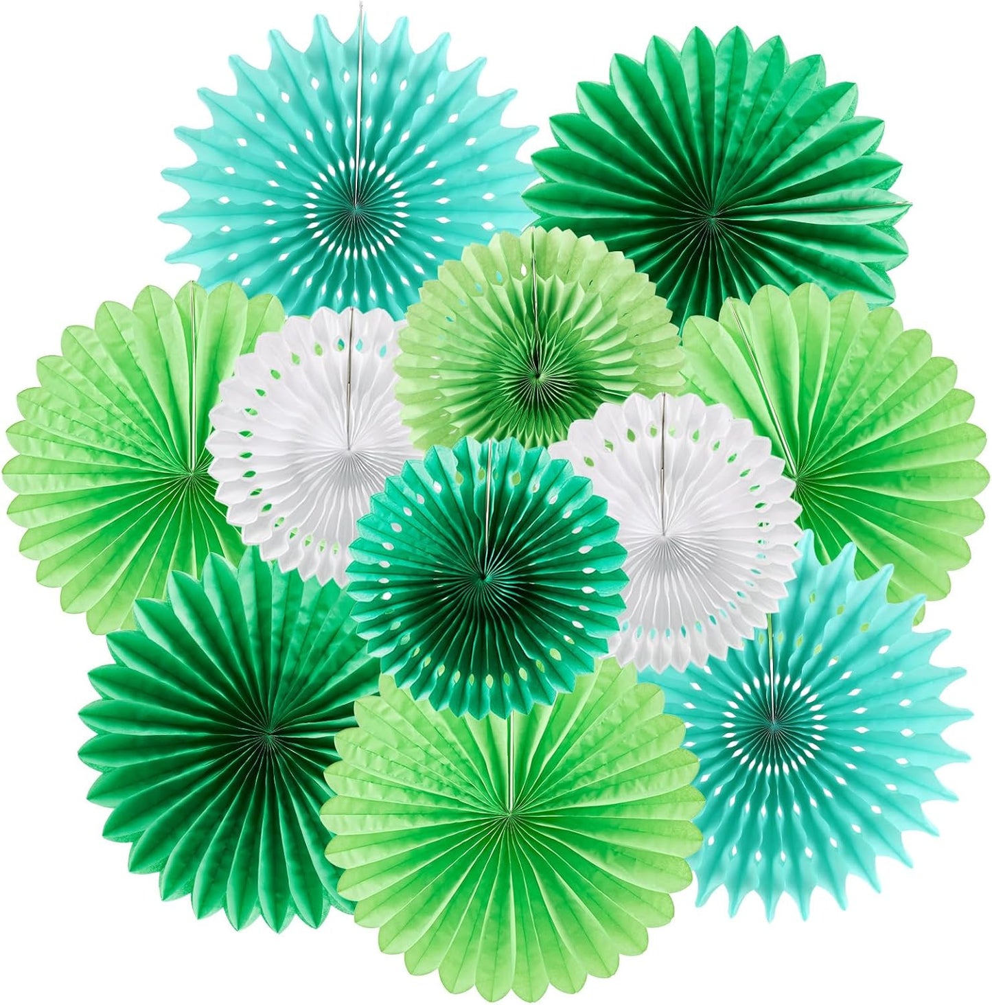 SUNBEAUTY Pack of 11 Green White Party Decoration Hanging Honeycomb Round Paper Fans Kit for Dinosaur Theme Birthday Baby Shower Summer Forest Carnival St.Patrick's Irish Backdrop Party Supplies