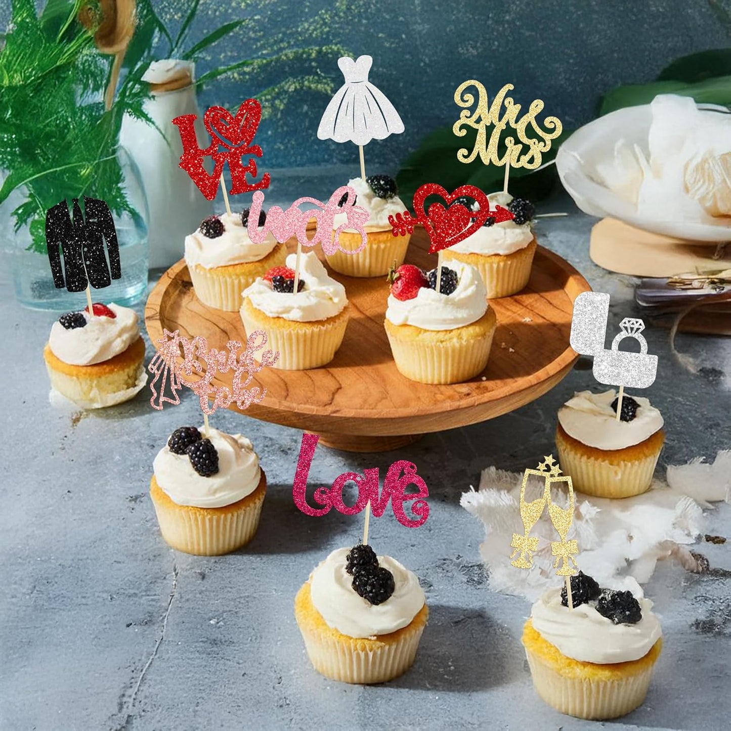 Ephlyn 30Pcs Bride to be Cupcake Toppers Glitter Wedding Cake Topper Decorations I Do Love Heart Ring Cupcake Picks for Bridal Shower Wedding Engagement Party Supplies Multicolor