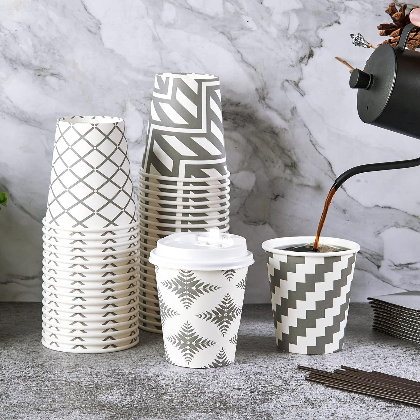 LITOPAK 100 Pack 10 oz Paper Coffee Cups with Lid, Sleeve, and Straws, Four Designs of Disposable Hot Coffee Cups for Home, Stores, and Cafes