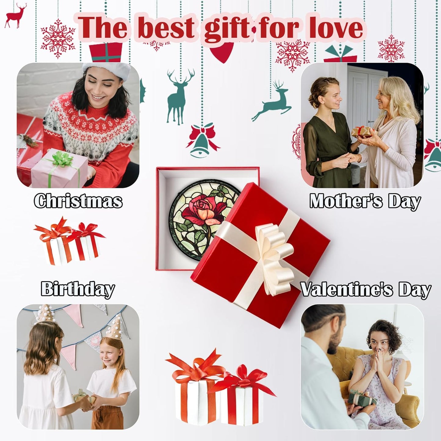 Stained Glass Window Hanging, Red Rose Flowers Sun Catcher for Door Garden Home Decor Suncatcher Christmas Mother's Day Birthday Gifts for Women Lovers Men Wife Girlfriend Mom Nana 7.8 in