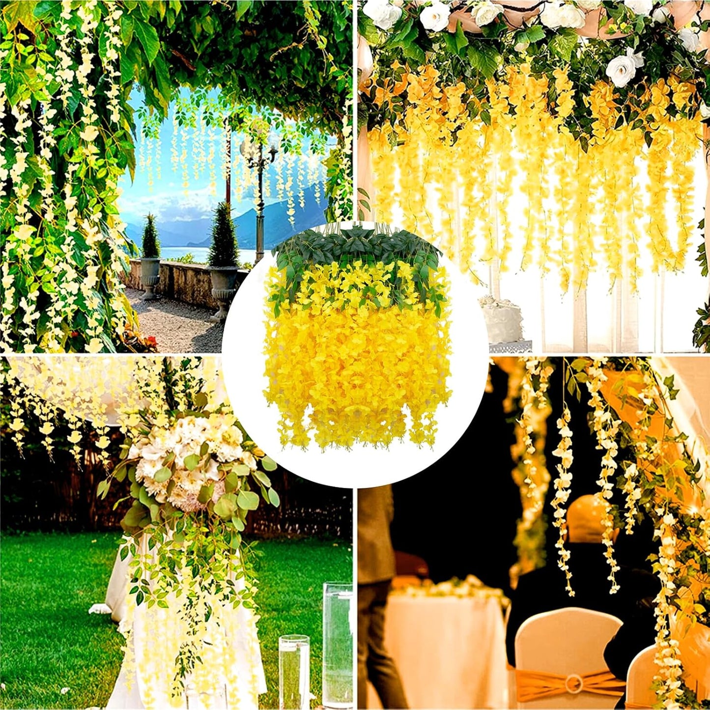 12 Pack Yellow Wisteria Hanging Flowers Garland, 3.77 Feet Artificial Flower Vines, Fake Wisteria, Artificial Vines Hanging Garland for Backdrop Outdoor Yard Garden Decor