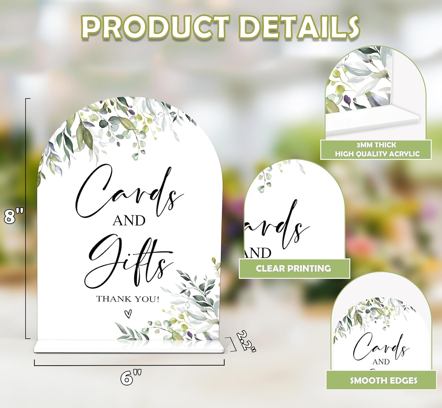 Greenery Cards and Gifts Sign, 6 x 8 Inch White Arch Acrylic Wedding Sign with Holder, Wedding Sign for Ceremony and Reception, Wedding Decoration, Wedding Supplies - LY01