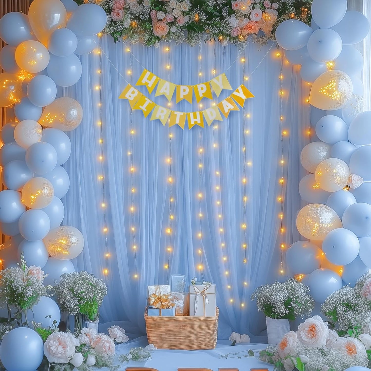 20x10ft Baby Blue Tulle Backdrop Curtains with Lights for Party Wedding Baby Shower, Sheer Wrinkle Free Backdrop Curtains for Birthday Party Photo Booth Background Decoration