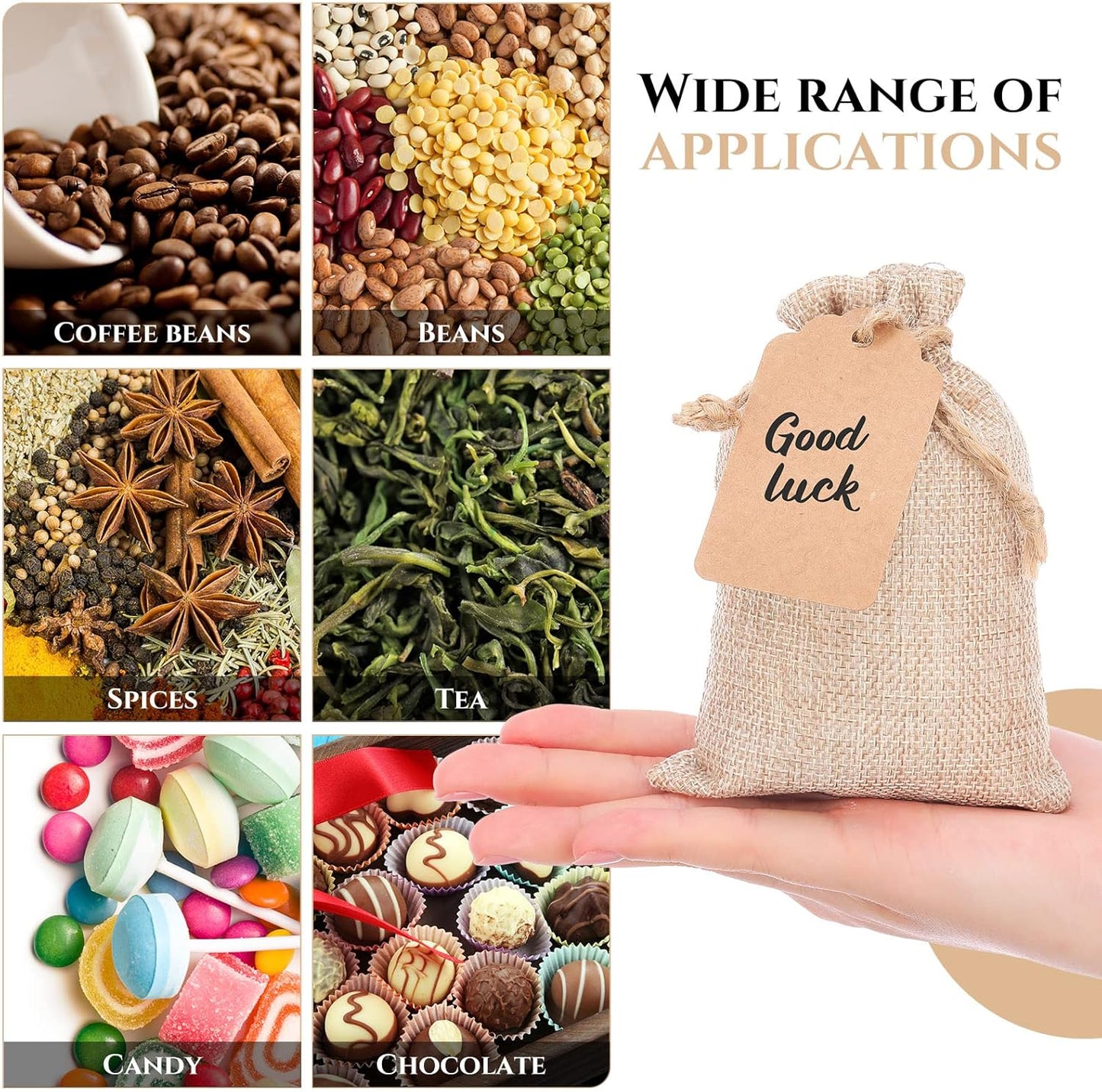 Woanger 100 Pcs Burlap Gift Bags with 100 Pcs Kraft Paper Gift Tags Drawstring Favor Bulk Burlap Sack Bags for DIY Wedding Party Craft(3 x 4 Inch,Light Brown)