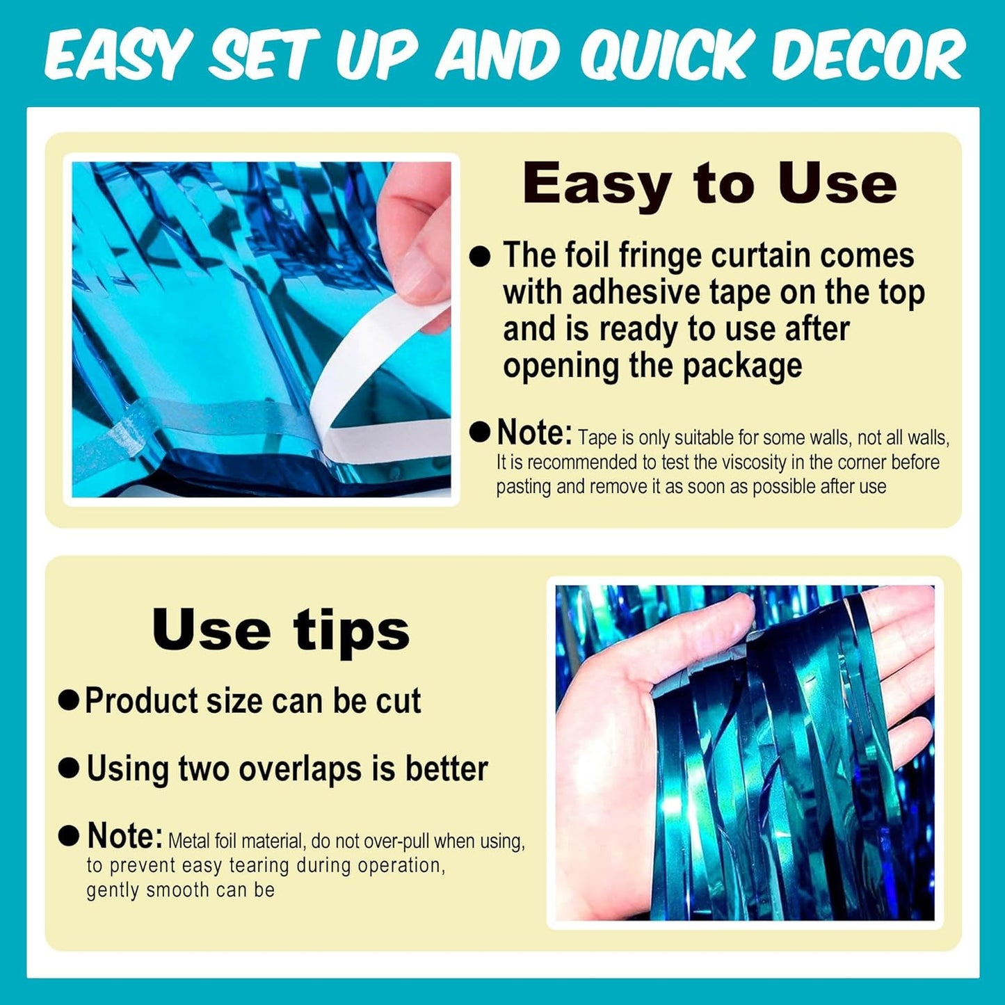 3 Pack Lake Blue Foil Fringe Curtains Backdrop, 3.28 x 9.8 Ft Metallic Streamers Tinsel Curtains Background for Photo Booth, Birthday, Halloween, Christmas, Thanksgiving, New Year Party Decorations