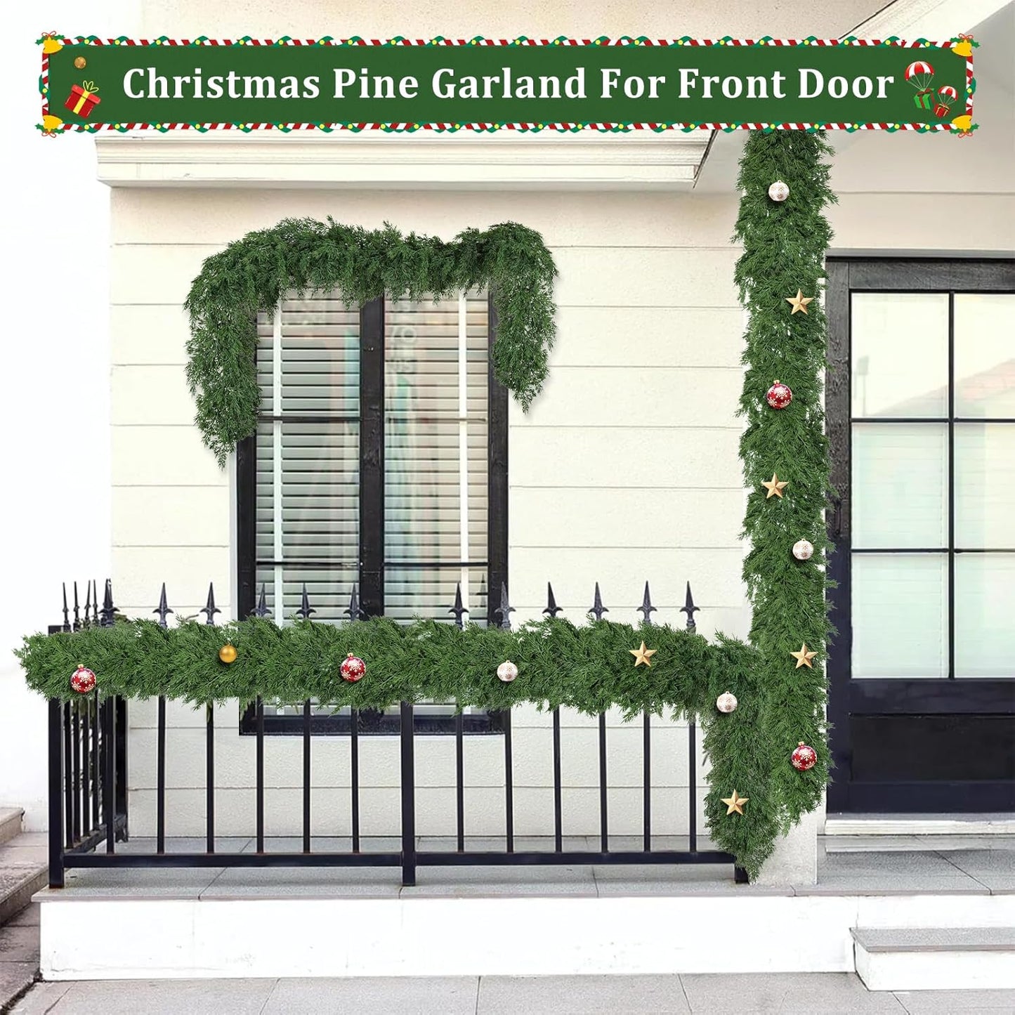 16ft Christmas Cedar Garland, Real Touch Pine Garland, Realistic Cypress Garlands Christmas Decorations for Mantel, Table, Stairs, Porch - Indoor Outdoor Xmas Holiday Decor