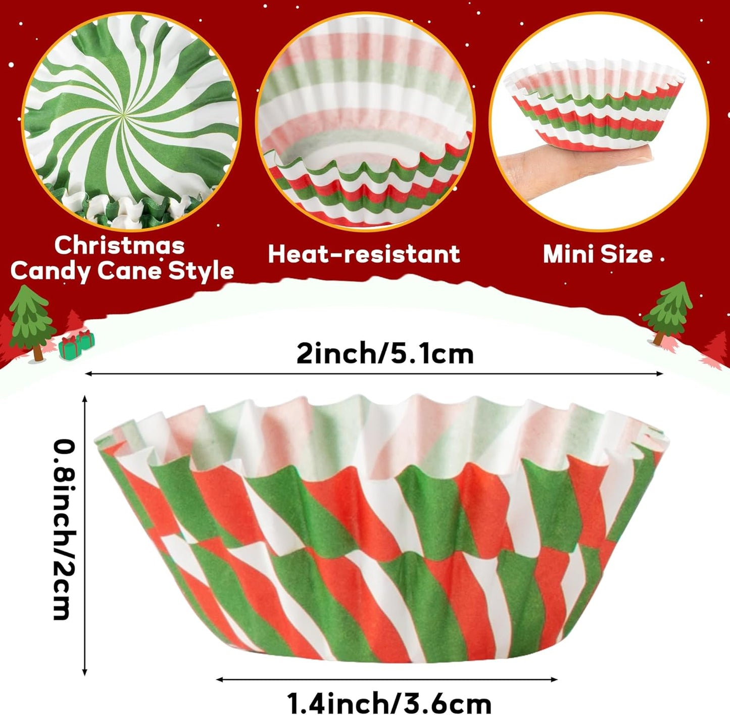 COcnny Christmas Mini Cupcake Liners - 600pcs Merry Christmas Candy Baking Cups Muffin Cupcakes Wrappers, Xmas Tree Santa Disposable Chocolate Cake Wrap Making Supplies for Xmas Eve Party (10 Styles)