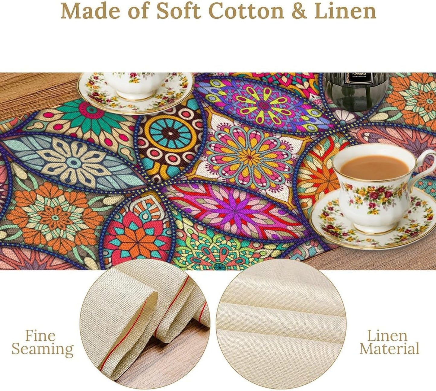 Boho Floral Table Runner,Colorful Flower Retro Bohemian Table Cloth Kitchen Dining Table Home Party Decoration 13x90 Inch