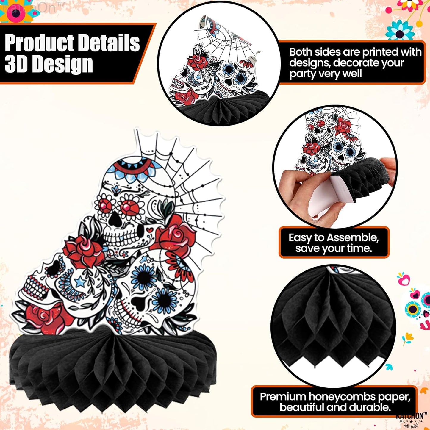 KatchOn, Day of The Dead Centerpieces - Pack of 12 | Halloween Centerpieces, Day of The Dead Decorations | Halloween Honeycomb, Day of The Dead Halloween Decorations | Dia De Los Muertos Decorations