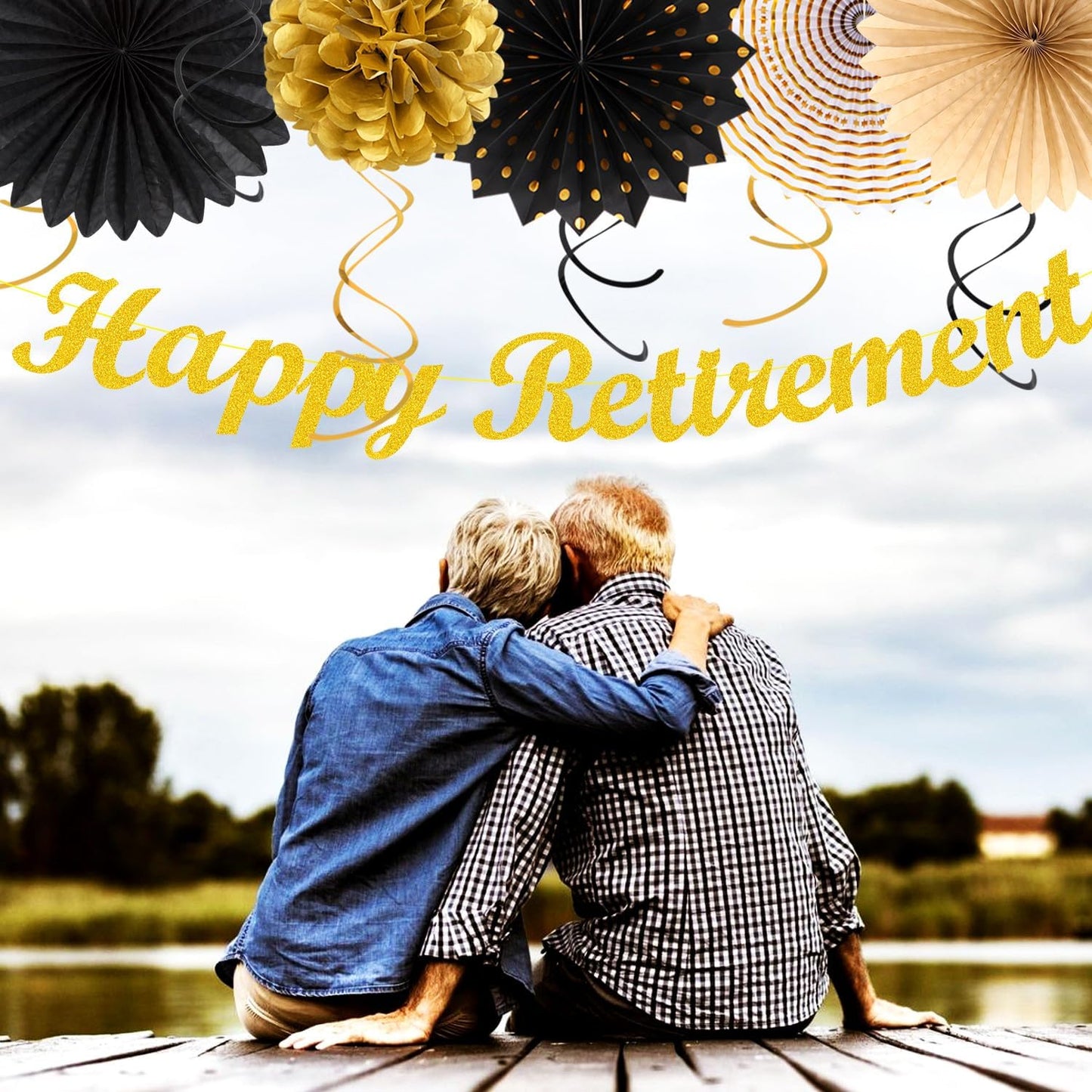 Black Gold Women-Men Happy-Retirement Party-Decorations - 21pcs Celebration Banner,Paper Streamers Lanterns Honeycomb,Tissue Flowers Pom Poms Fan, Classroom Backdrop Supplies Garland Decor Huglony
