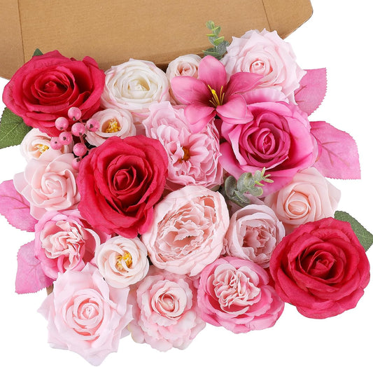 AmyHomie Fuchsia Pink Artificial Flowers Combo Silk Mix Peony Rose Fake Flowers w/Stem for DIY Wedding Bouquets Centerpieces Arrangements Table Fall Decor Party Bridal Baby Shower Home Decorations