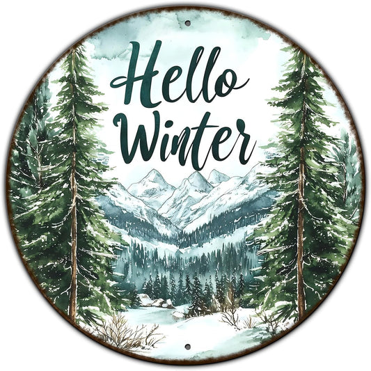 Round Christmas Metal Tin Sign Hello Winter Sign Christmas Pine Trees Welcome Door Sign Xmas Winter Holiday Farmhouse Rustic Wreath Sign for Indoor Outdoor Home Wall Window Decor 8 * 8 in