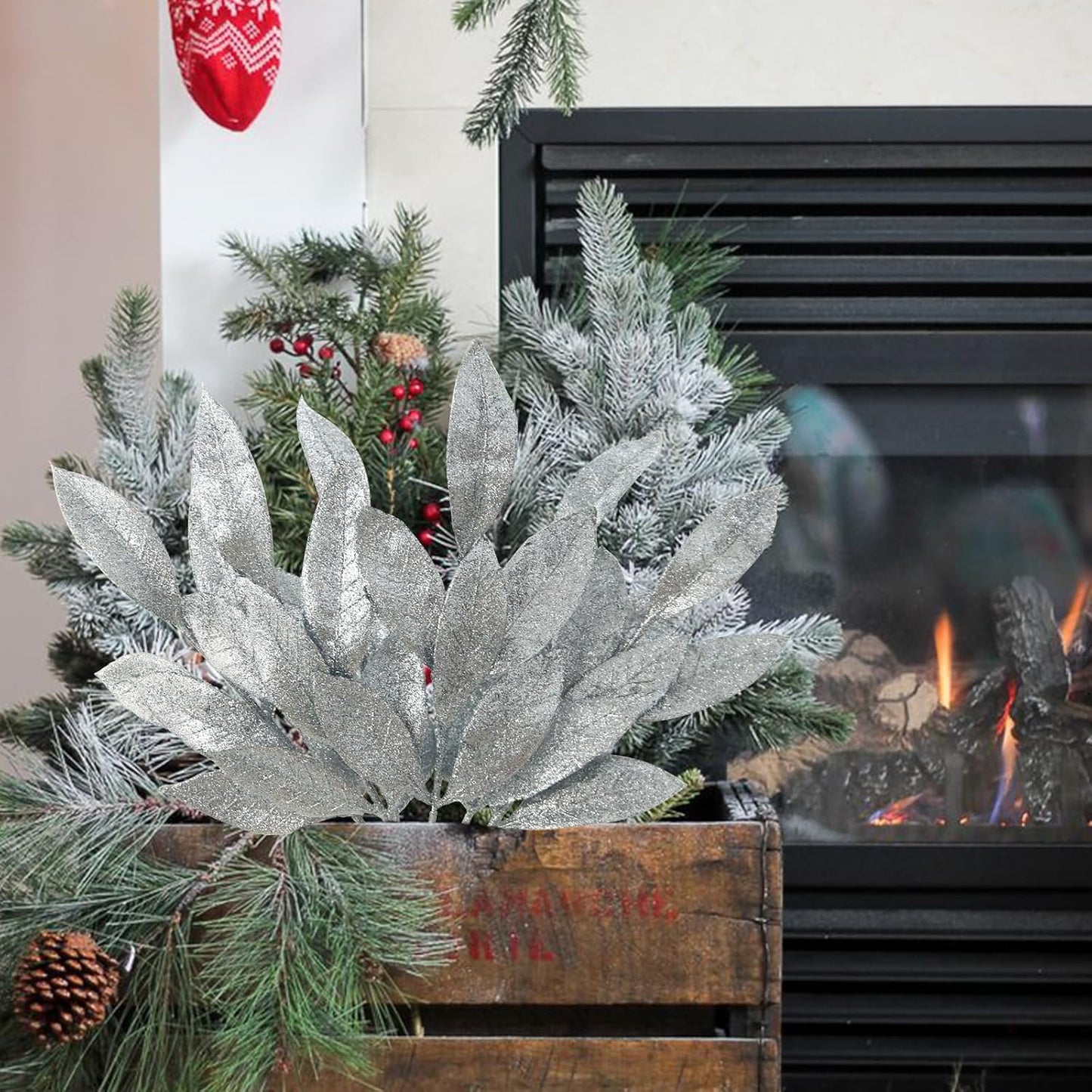 GREENTIME 12 Pack Artificial Silver Glitter Leaves 13" Fake Christmas Picks Decorative Glitter Sticks for Vase Christmas Tree DIY Wreath Crafts Fireplace Decor