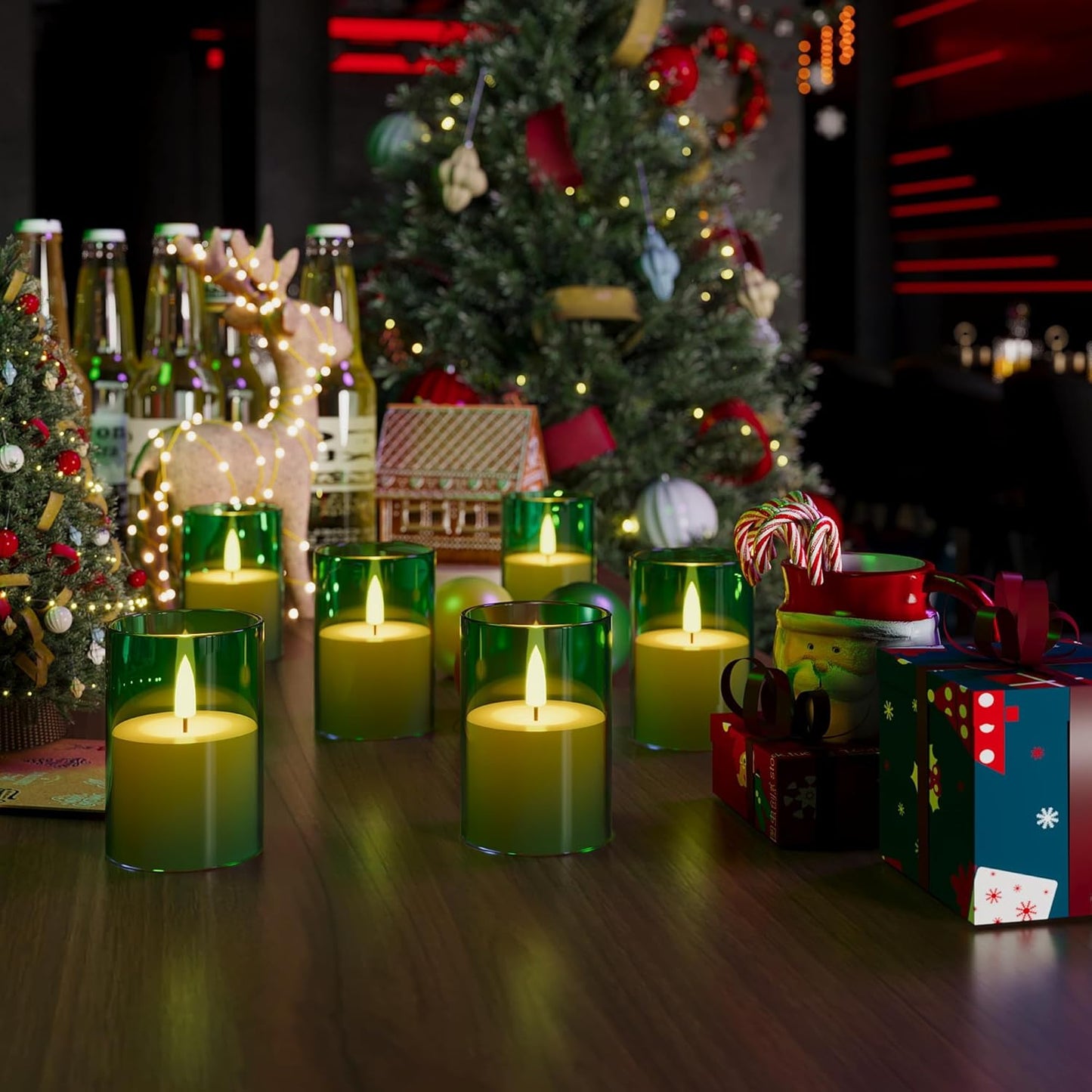 6Pack Flickering Flameless LED Candles with Timer, Battery Powered - Small Pillar & Votive, Green (2"X3")
