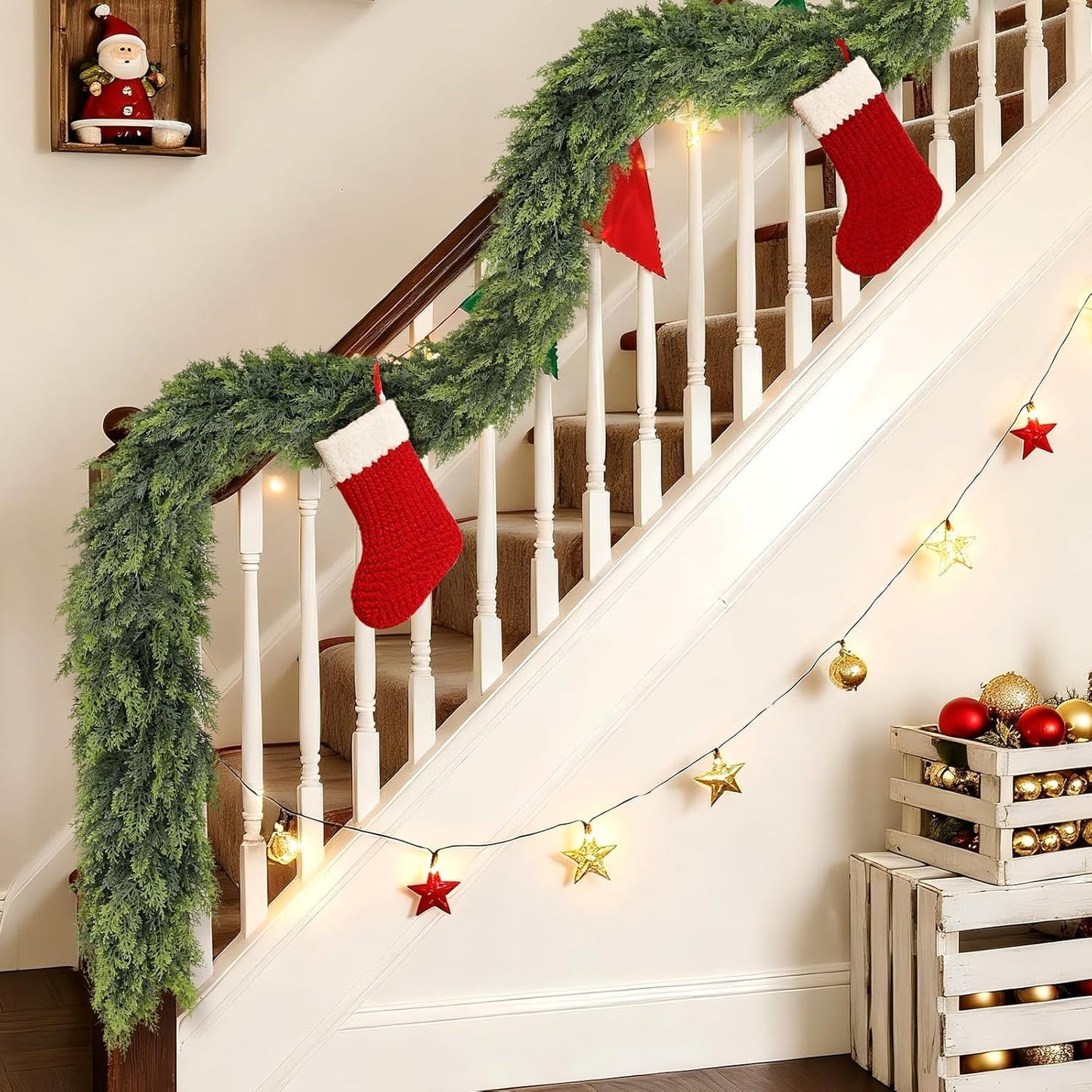 Christmas Cedar Garland - 5ft Artificial Cedar Garland Faux Lush Green Fake Pine Needles for Fireplace,Table,Window,Stairs,Mante,Holiday Indoor Outdoor Xmas Decor(2PCS)