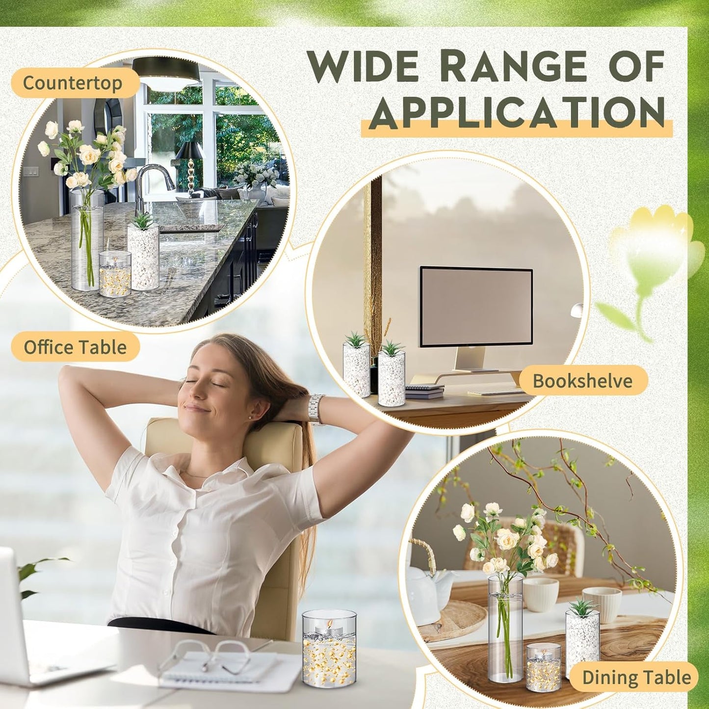 Nuogo 24 Pcs Plastic Cylinder Vases Tall Clear Flower Vases for Centerpieces Hurricane Candle Holder for Home Wedding Office Party Formal Dinners Decorations (4''/6''/8'')