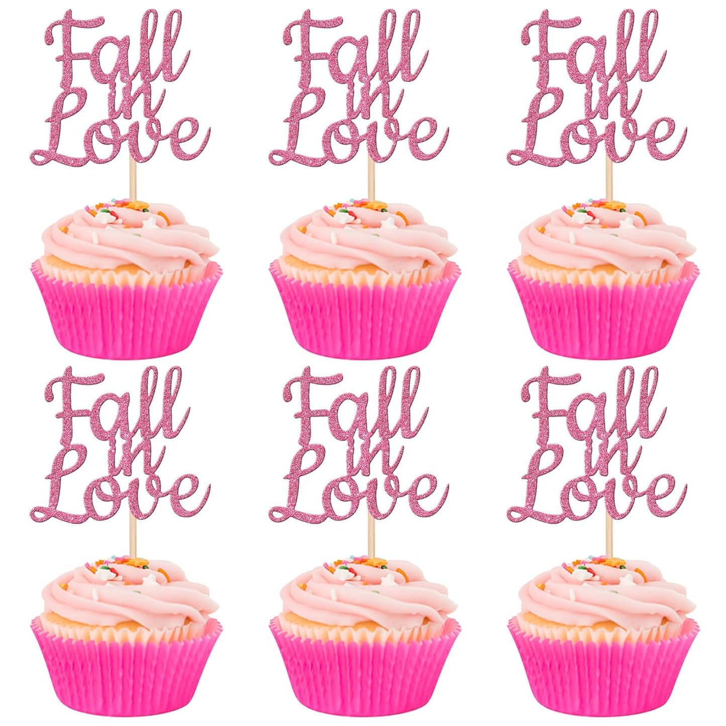 24 PCS Fall in Love Cupcake Toppers Glitter Fall Theme Party Cupcake Picks Bridal Shower Cupcake Decorations for Autumn Wedding Engagement Anniversary Birthday Party Cake Decorations Supplies Pink
