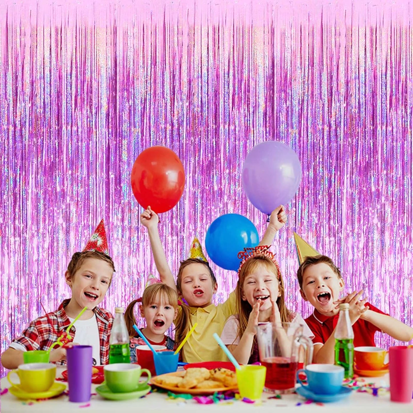 4 Pack Pink Tinsel Foil Fringe Curtain Backdrop, 3.28Ft x 8.2Ft Metallic Streamers for Photo Booth Props Wedding Bridal Shower Bachelorette Birthday Halloween Christmas Party Decoration