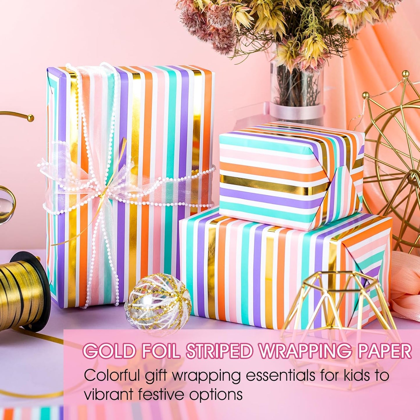 Yarcony Gift Wrapping Paper Roll, Rainbow Wrapping Paper, Colorful Stripes Gift Wrap with Gold Foil for Birthday, Baby Shower, Wedding, Christmas, All Occasions (Mini Roll, 17 Inch X 33 Feet)