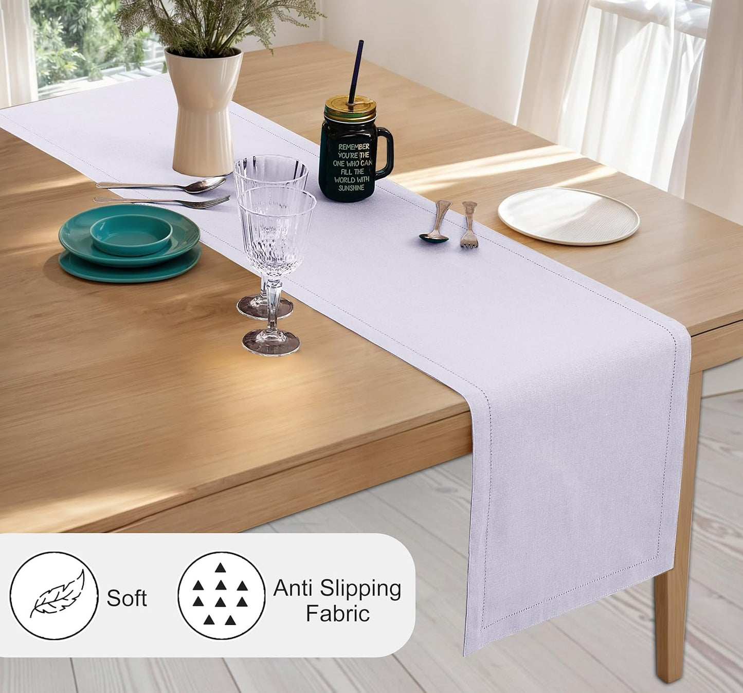 Ruvanti Linen Table Runner 72 Inches, Classic Hemstitch, Washable, Reusable, Non-Slipping, Stain Resistant- Perfect for Parties, Weddings, Dinners, Thanksgiving, Christmas, Indoor use – Lavender Grey