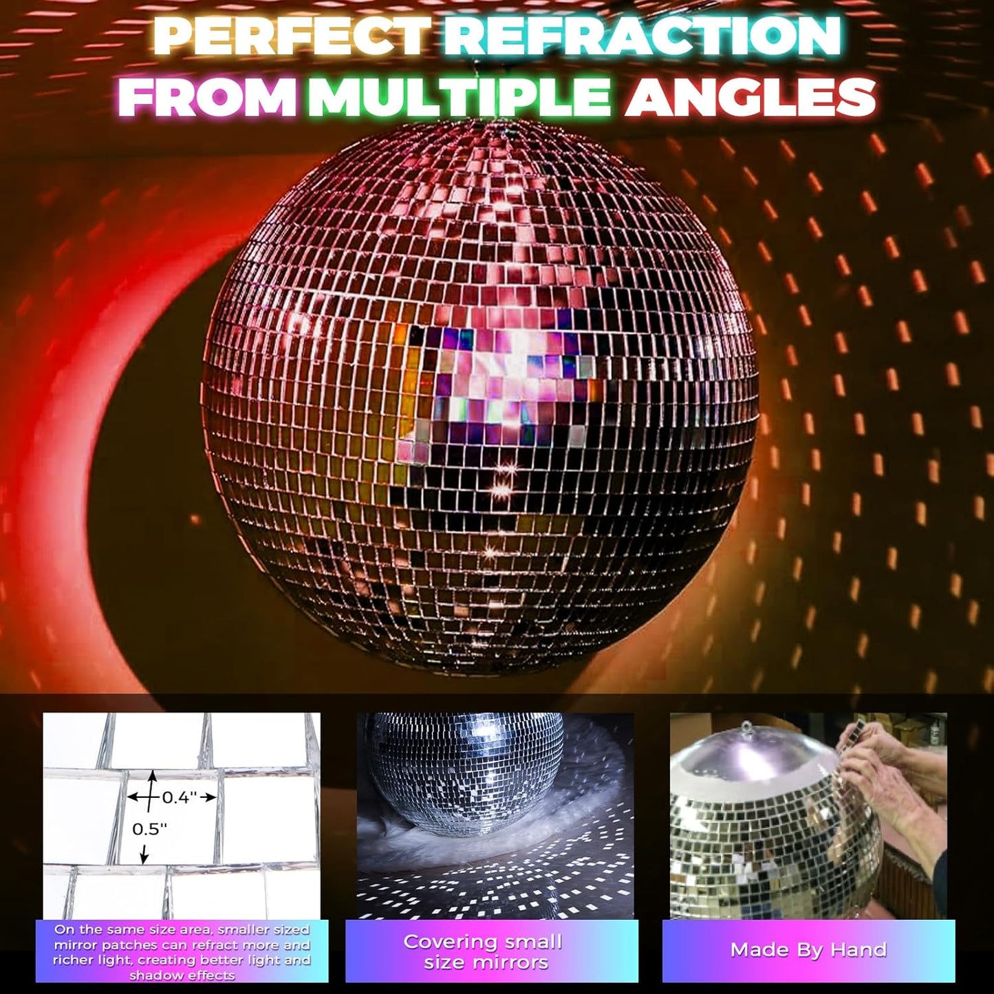 16inch Large Mirror Disco Ball - Hanging Big Disco Ball for Party Decorations, DJ Clubs, Weddings, Bars, Holiday Events, and Stage Decor with 15pcs Replacement Mirrors