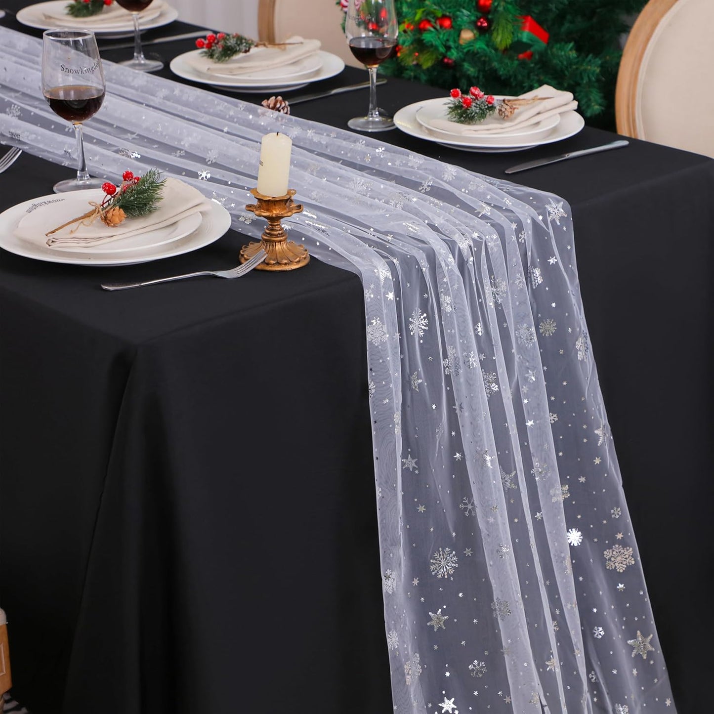 Snowkingdom Christmas Snowflake Cheesecloth Table Runner Silver 120 Inch Sheer Chiffon Gauze Runner, Winter Decorations Sparkly Sequin Metallic Party dining Table for Christmas Winter Holiday New Year