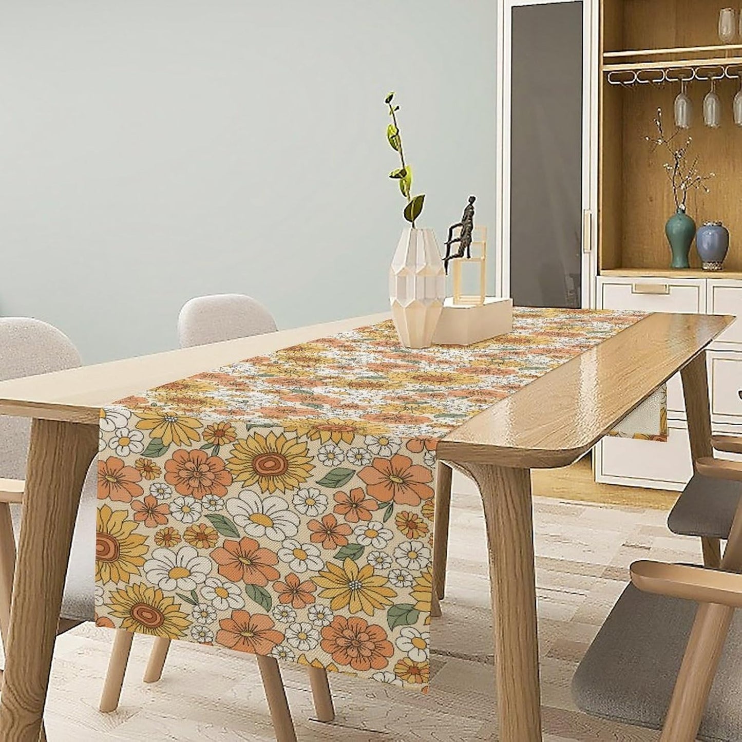 Vintage Floral Table Runner,Boho 70s Style Retro Daisies Flower Table Runner for Kitchen Dining Table Home Party Decoration 13x60 Inch