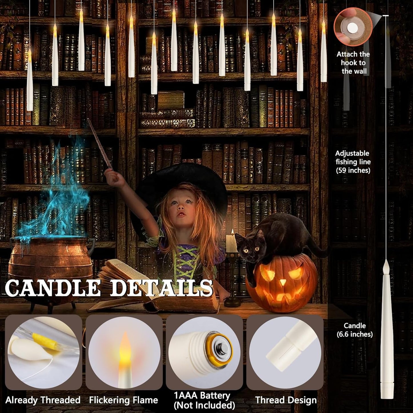 Floating Candles with Wand Remote, 20 Pcs Magic Halloween Hanging Candles, Flickering Warmer Light Flameless LED Candles with DIY Sticker, Battery Operated Halloween Decorations Gifts Indoor (20)