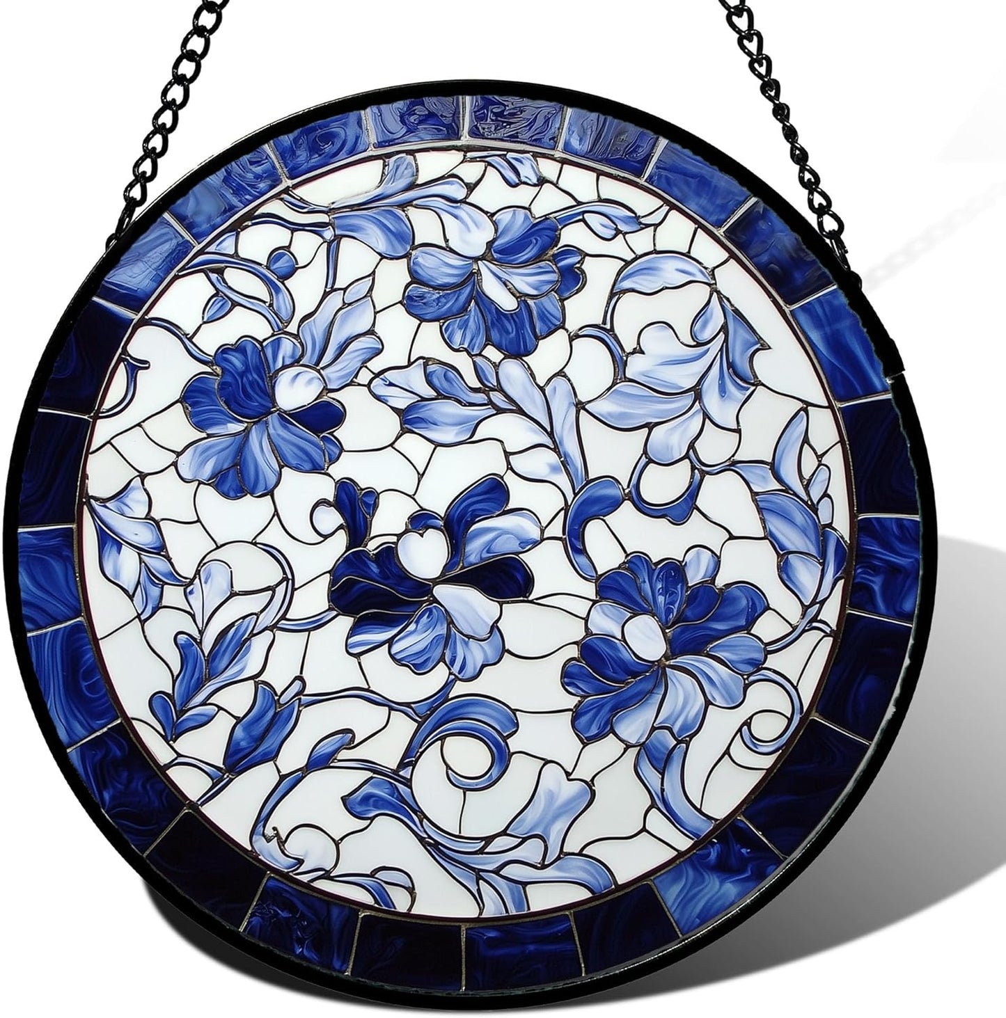 Stained Glass Window Hanging, Blue and White Abstract Flowers Sun Catcher for Door Home Decor Suncatcher Christmas Mother's Day Birthday Gifts for Women Men Mom and Nana 11.8 in