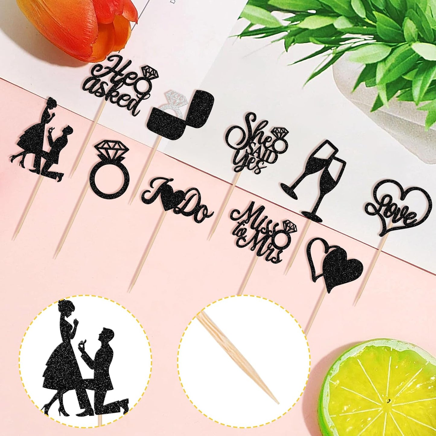 30 PCS He Asked She Said Yes Cupcake Toppers Glitter Engagement Cupcake Toppers Miss to Mrs I Do Love Heart Ring Miss to Mrs Cupcake Picks for Wedding Engagement Party Cake Decorations Supplies Black