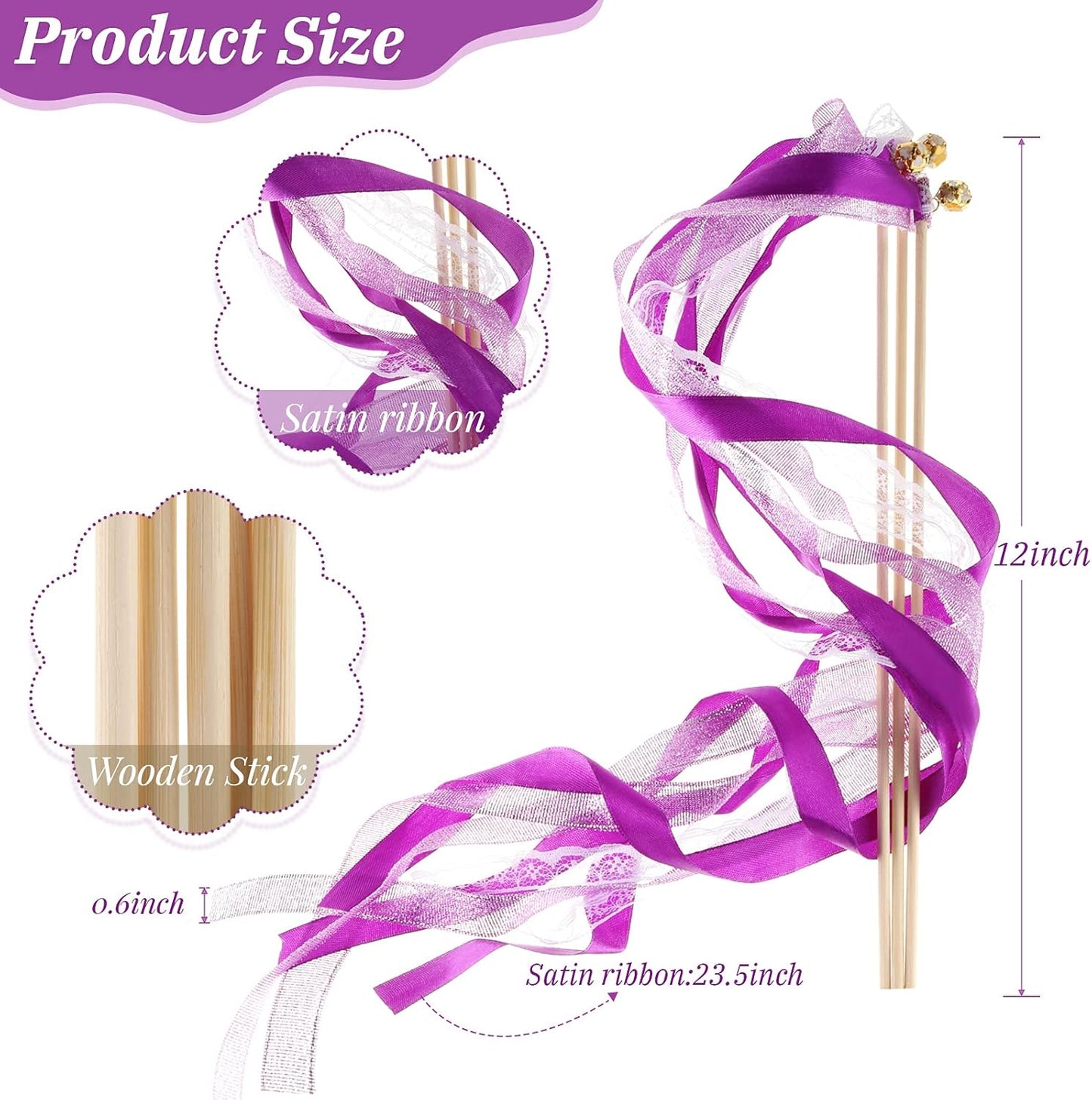40 Pieces Ribbon Wedding Streamers with Bells, Lace Fairy Stick Wand Party Streamers Chromatic Silk Streamers for Party, Birthday and Holiday