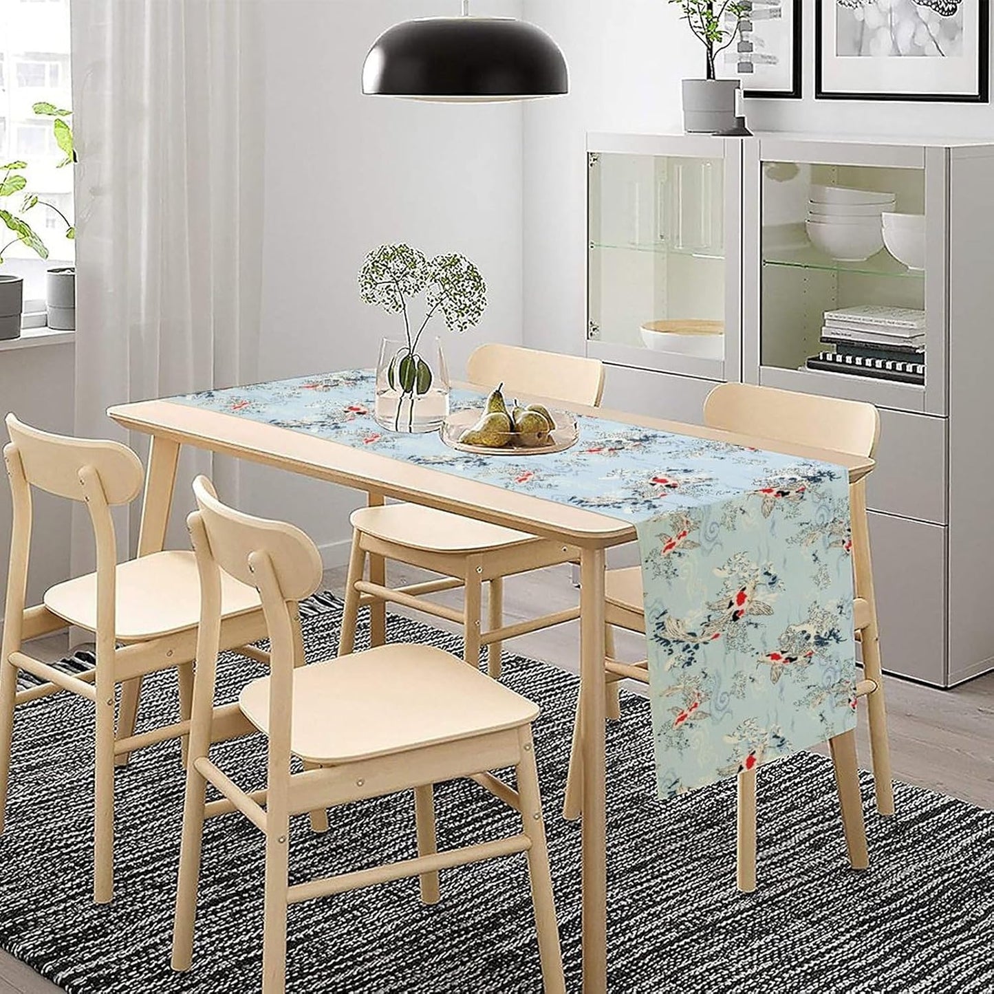 Kio Fish Table Runner Waves Retro Japanese Tradition Art Printed Burlap Runner Home Kitchen Dining Table Living Room Decor Fabric 1 Panel W13xL60in