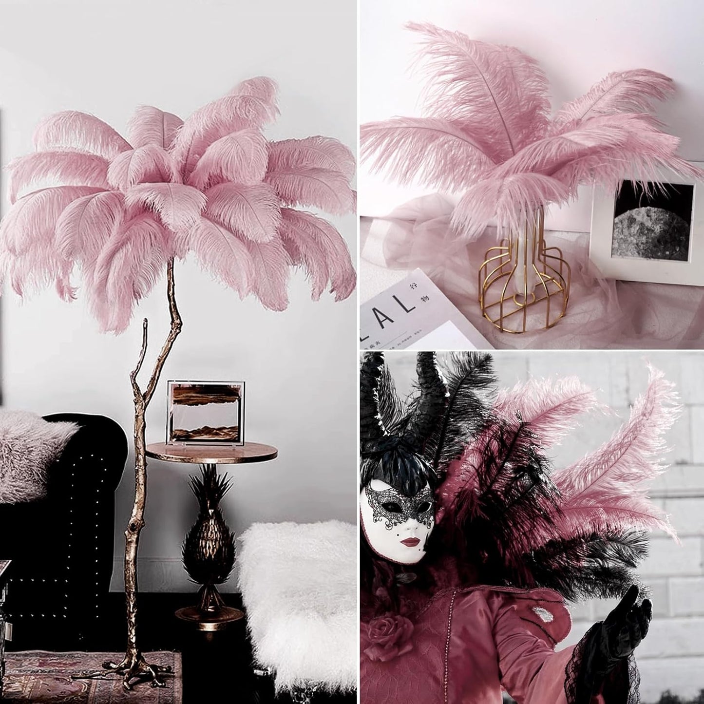 NEWONG 30pcs Peony Pink Ostrich Feathers Natural Bulk 8-10inch(20-25cm) Vase Craft Wedding Home Party Centerpieces Christmas Day Decoration