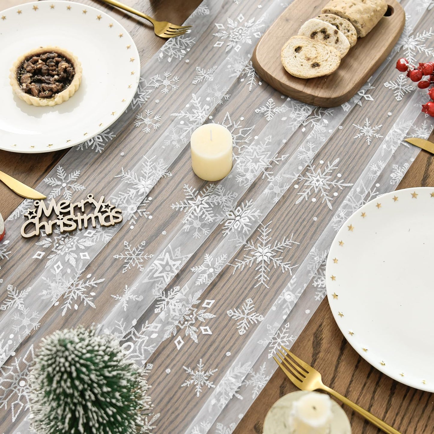 Artoid Mode Silver Snowflakes Christmas Gauze Table Runner 120 Inch 10FT, Seasonal Sheer Winter Kitchen Dining Holiday Wedding Table Decor for Home Party