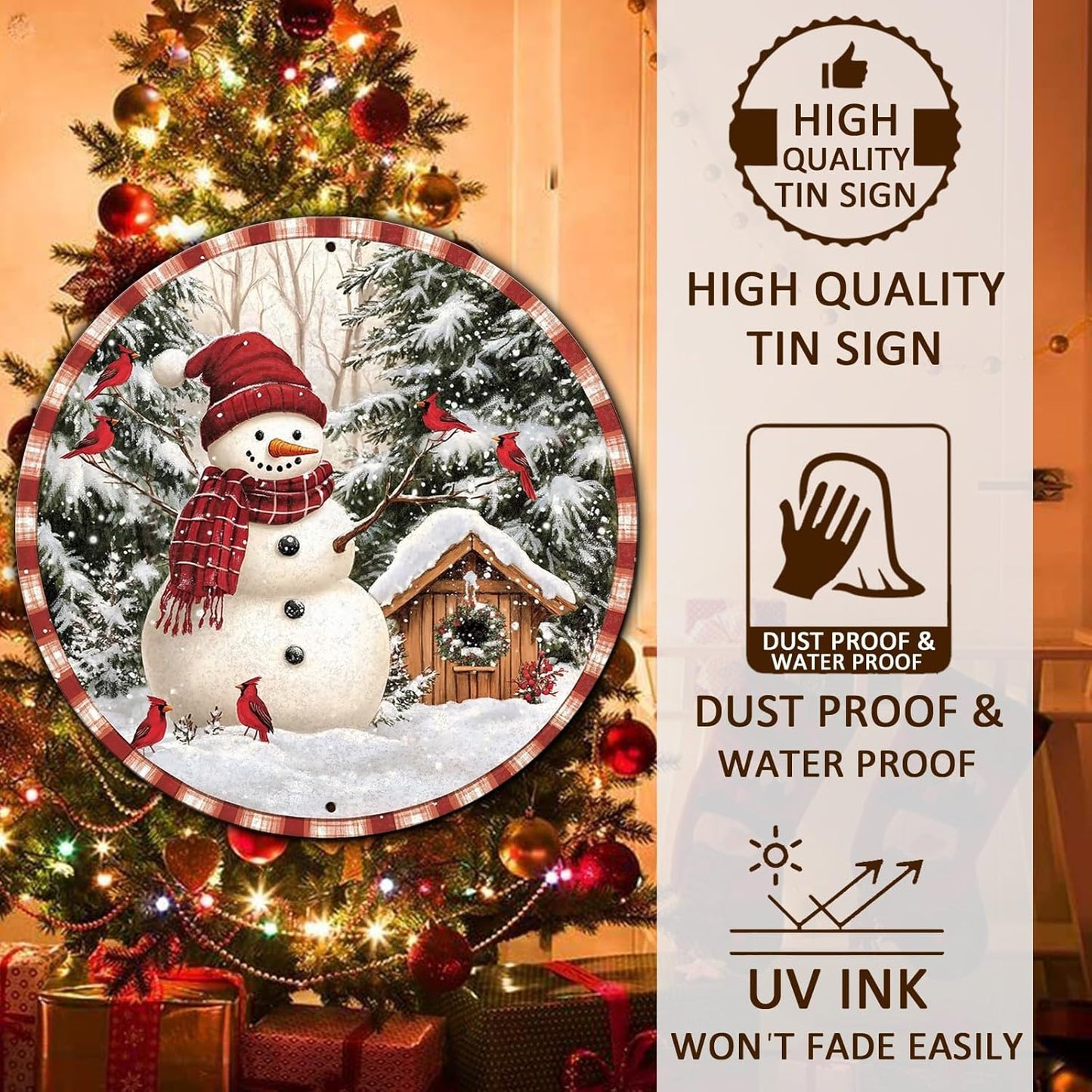 Round Christmas Metal Signs Vintage Snowman and Red Birds Tin Sign Metal Poster Christmas Snowman Sign for Bedroom Farmhouse Garage Wall Decor 8 * 8 in