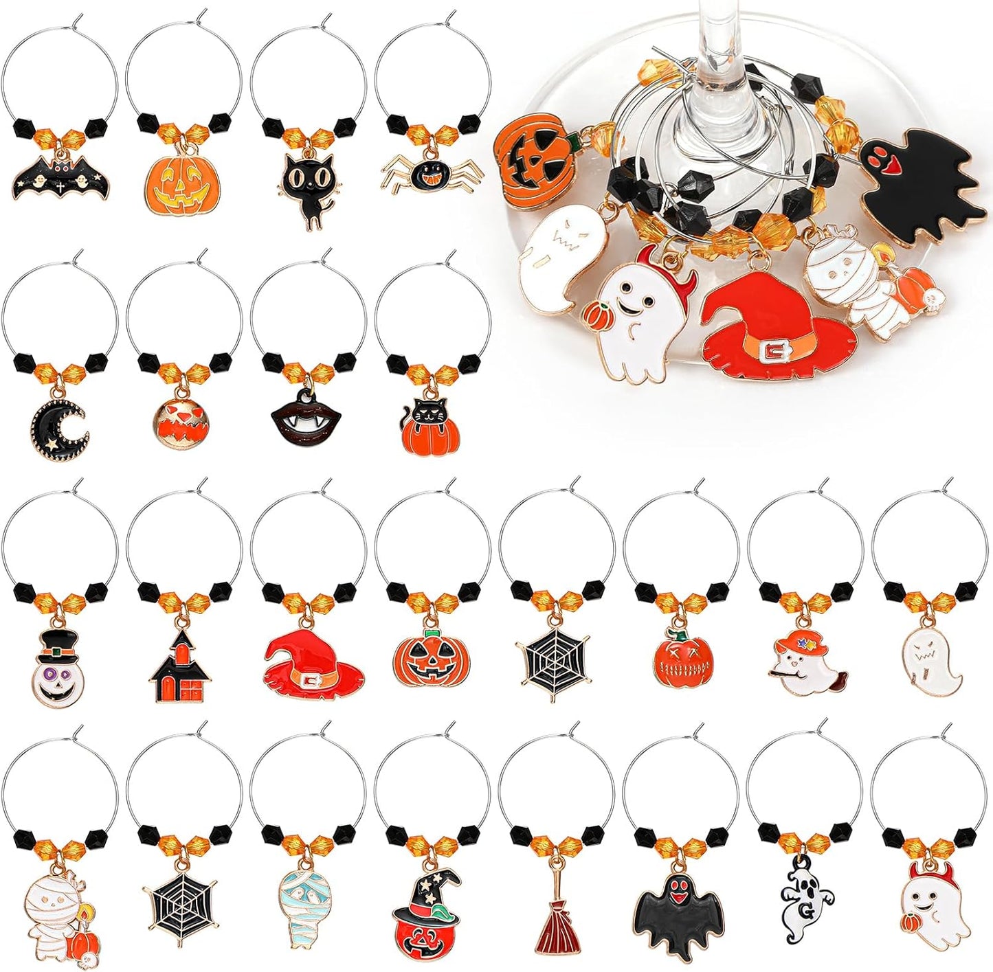 Inbagi 24 Pcs Halloween Wine Glass Charms Halloween Enamel Wine Charms Pendant Pumpkin Witch Hat Broomstick Mummy Castle Glass Markers Drink Identifier for Stem Halloweens Birthday Party Supply