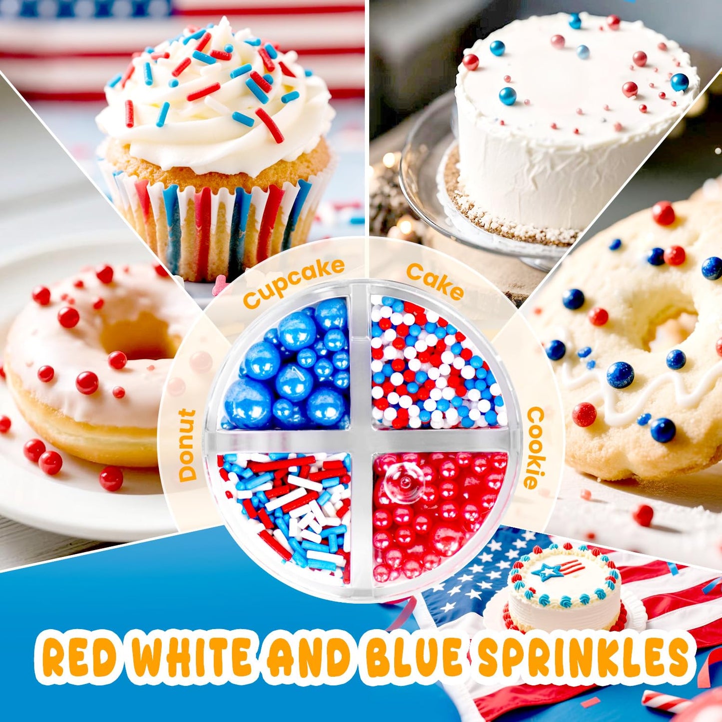 Patriotic Sprinkles, 4th of July, Edible Red Blue Sprinkles for Cupcakes Cake Decorating, 160g/5.64oz, Cake Decorations, Baking Ice Cream Toppings