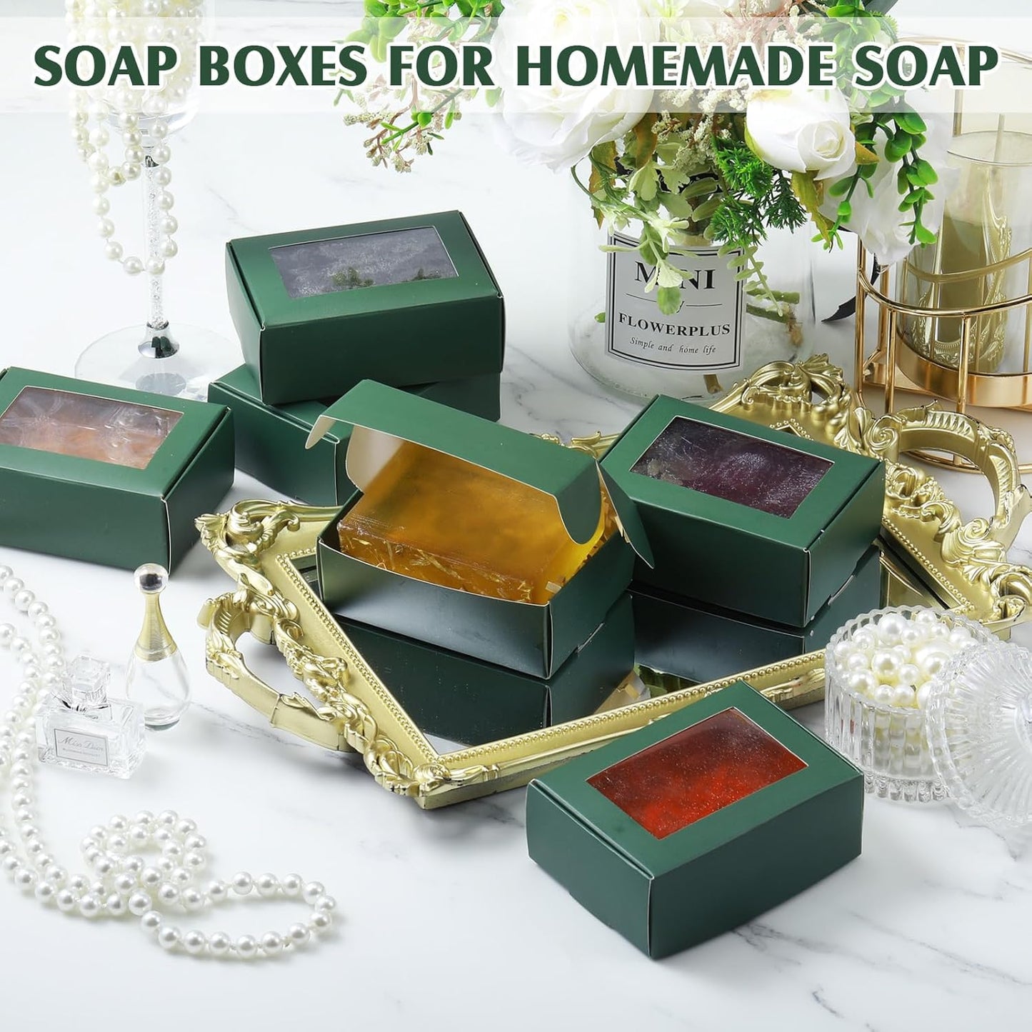 Zonon 30 Pcs Soap Boxes for Homemade Packaging, Mini Kraft Treat Boxes with Window for Bakery Candy Soap Making Gift Packaging(3.7 x 2.6 x 1.37 Inch,Green)