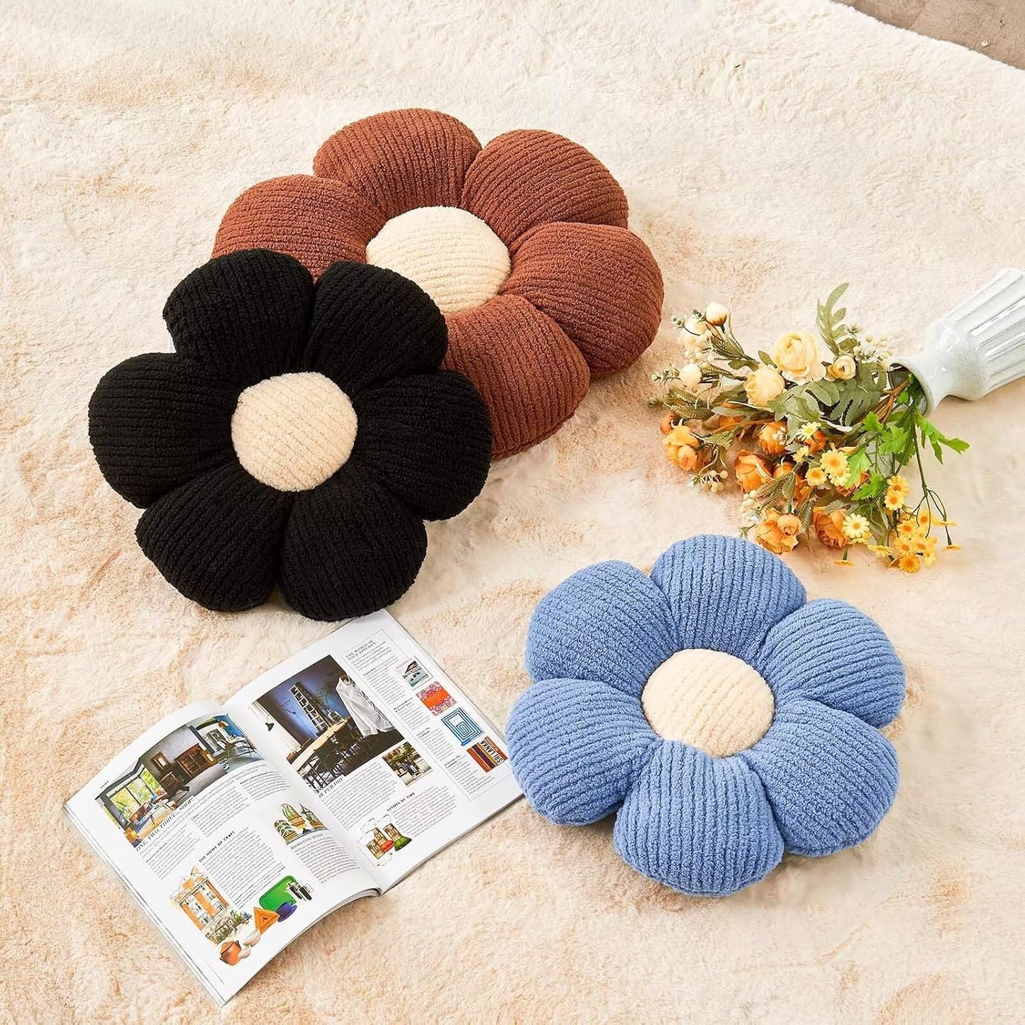 Flower Throw Pillow, Soft Black 19.6" Shaped Floor Pillow for Home Decor, Cute Aesthetic Plush Decorative Pillows for Bed, Sofa, Couch
