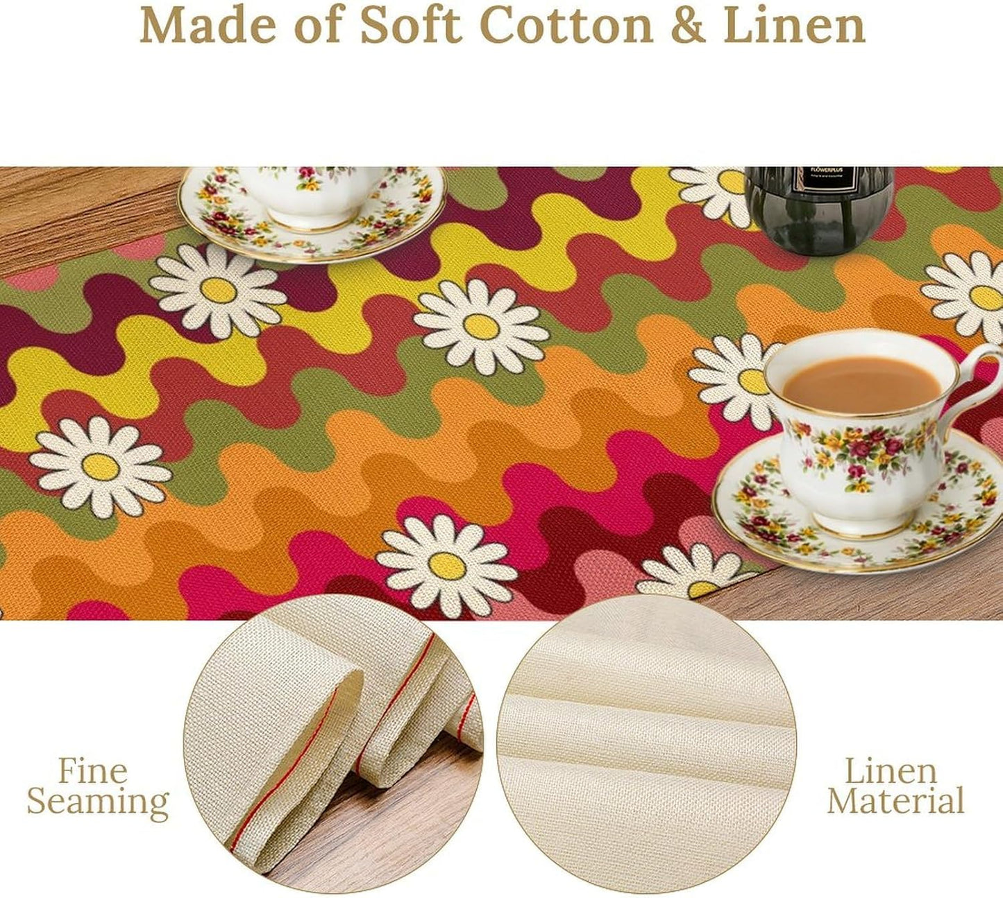 Vintage Floral Table Runner,60s 70s Colorful Retro Abstract Hippie Print Table Runner for Kitchen Dining Table Home Party Decoration 13x90 Inch