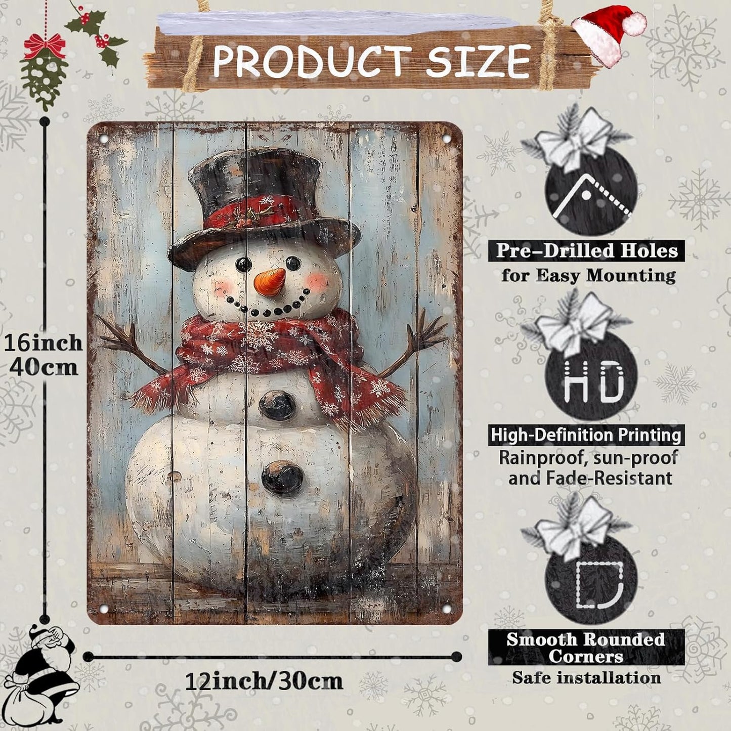 Vintage Christmas Metal Tin Sign Snowman Retro Wall Decor Christmas Tin Sign for Winter Outdoor 12x16Inch