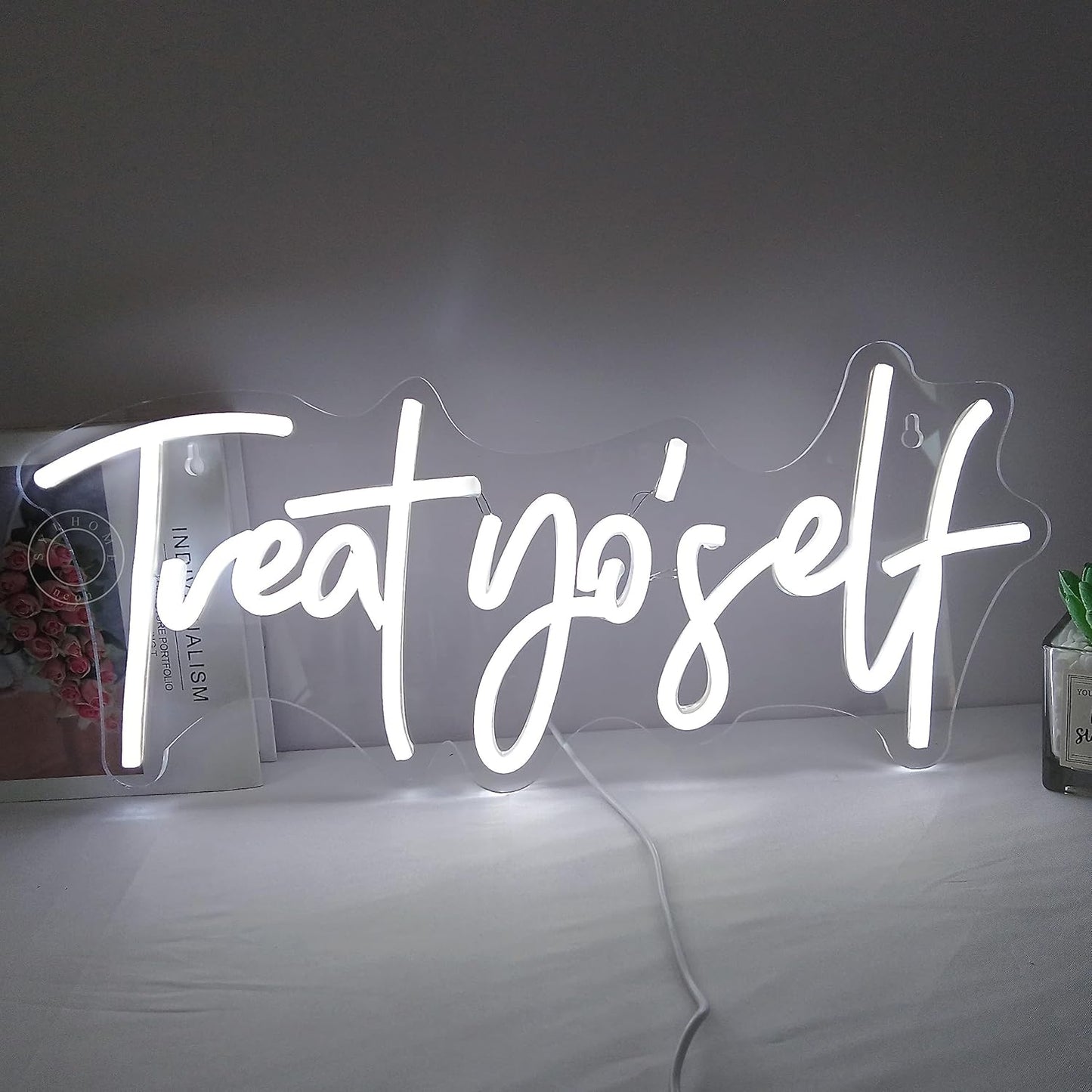 SYLHOME Treat Yourself Led Neon Light Sign Bedroom Kids Room Living Room Art Wall Decor Sign Home Family Birthday Wedding Party Light Up Sign USB 16.54" X 7.1" Cold White