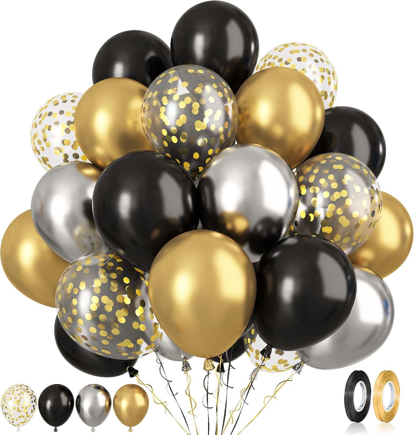 Paready Black and Gold Balloons, 60 Pcs 12 Inch Gold Confetti Balloon, Latex Party Balloons with Ribbons for Birthday Graduation Black Silver Party Wedding Engagement Anniversary Festival Decoration