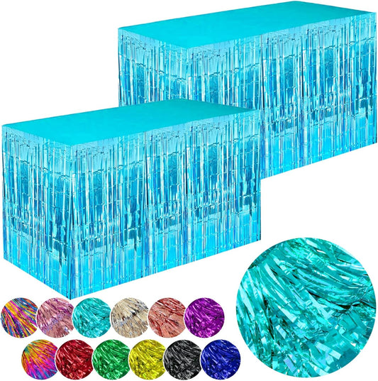 Light Blue Streamers Party Decorations, 2 Packs Ocean Blue Table Skirts Metallic Foil Fringe Tinsel for Birthday Under The Sea Shark Boy Baby Shower Winter Party Supplies -29x108Inch